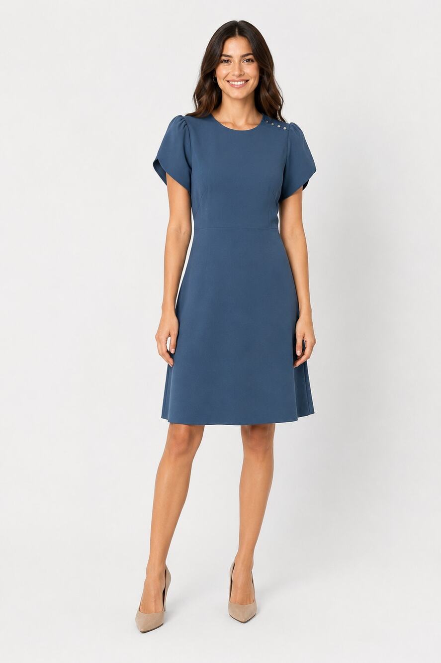 Loft Tulip Sleeve Button Detail Fit Flare Dress Blue Womens Size 8 New